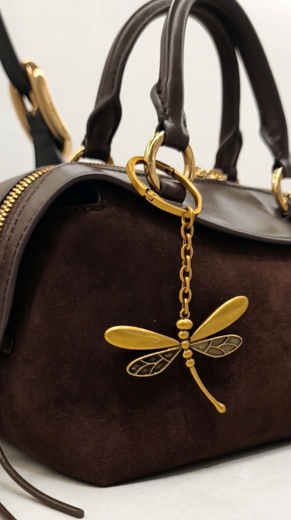 A close-up of a dark brown suede handbag with gold-tone hardware, featuring a decorative dragonfly charm hanging from the zipper.