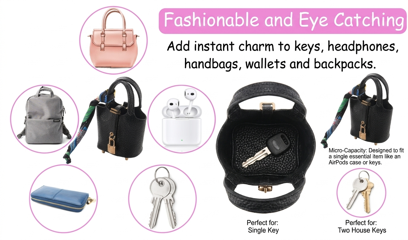 Mini leather Bag Charm for Handbags – Picotin Style Micro Bucket Purse Pendant